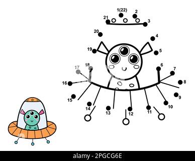Verbinde die Punkte und zeichne ein süßes Alien in der fliegenden Untertasse. Punkt-zu-Punkt-Spiel mit Leerzeichen Stock Vektor