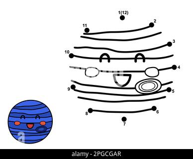 Verbinde die Punkte und zeichne den süßen Planeten Neptun. Punkt-zu-Punkt-Spiel mit Leerzeichen Stock Vektor
