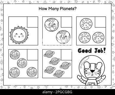Wie viele Planeten siehst du? Schwarz-weiß Mathematiklabyrinth für Kinder Stock Vektor