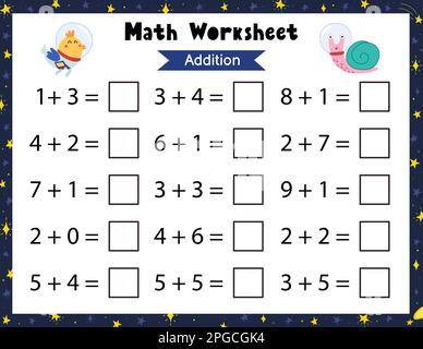 Mathematisches Arbeitsblatt für Kinder. Addition und Subtraktion. Mathematische Aktivitätsseite für Schwarzweiß-Leerzeichen Stock Vektor