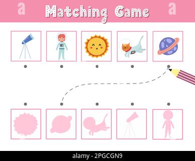 Finde das passende Schattenspiel mit niedlichen Figuren und Elementen Stock Vektor