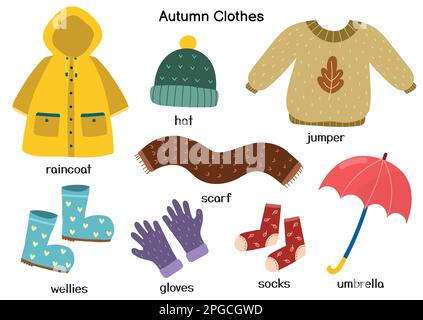 Herbstbekleidung mit Regenmantel, Pullover, Hut, Gummistiefel. Herbstkollektion Stock Vektor