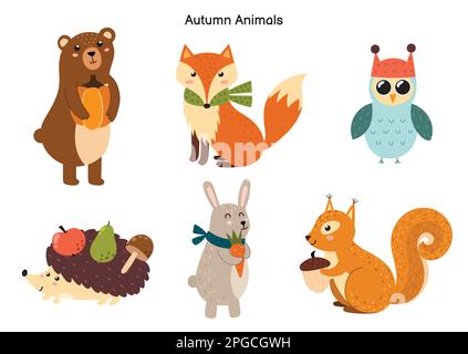 Süße Waldtiere-Sammlung. Herbst-Waldfiguren für Kinder Stock Vektor