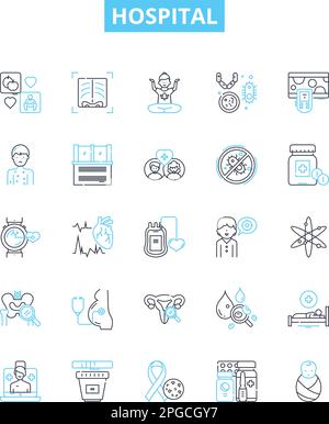 Symbole für Krankenhausvektorlinien eingestellt. Krankenhaus, Medizinisch, Pflege, Behandlung, Einrichtung, Notfall, Klinikabbildung umrissen Konzeptsymbole und -Zeichen Stock Vektor
