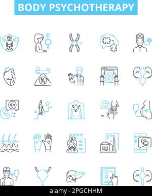 Körperpsychotherapie-Vektorliniensymbole gesetzt. Körperarbeit, Psychotherapie, Therapie, Beratung, Somatisch, Energie, Trauma-Illustration-Modellkonzept Stock Vektor