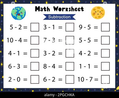 Mathematisches Arbeitsblatt für Kinder. Subtraktion. Mathematikseite des Weltraums mit süßen Außerirdischen Stock Vektor