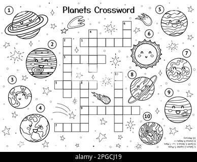 Sonnensystem Kreuzworträtsel mit süßen Planeten. Schwarze und weiße Spielseite für Kinder Stock Vektor