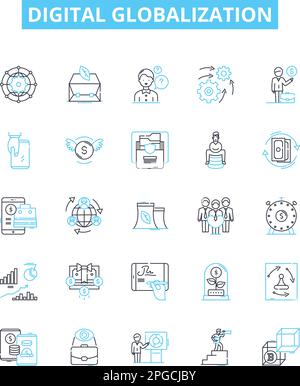 Liniensymbole für digitale Globalisierungsvektoren festgelegt. Digital, Globalisierung, Technologie, Konnektivität, Netzwerke, Veranschaulichung der Vernetzung und Mobilität Stock Vektor