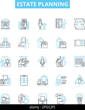 Symbole für Vektorlinien der Immobilienplanung festgelegt. Nachlass, Planung, Anwalt, Will, Probate, Trusts, Steuerabbildung umreißen Konzeptsymbole und -Zeichen Stock Vektor