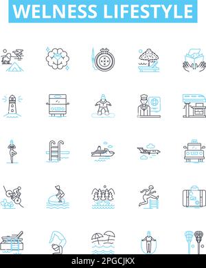 Symbole für Wellness Lifestyle-Vektorlinien eingestellt. Wellness, Lifestyle, Gesundheit, Fitness, Ernährung, Ernährung, Übungsdarstellung umrissene Konzeptsymbole und Stock Vektor