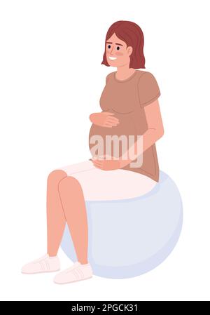 Werdende Frau, die auf dem Sportball sitzt, halbflacher Vektorcharakter Stock Vektor