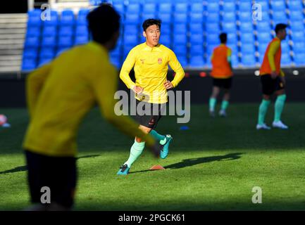 Auckland, Neuseeland. 22. März 2023. Zhu Chenjie (C) von der chinesischen Männer-Fußballmannschaft nimmt am 22. März 2023 in Auckland, Neuseeland, an einem Training Teil. Kredit: Guo Lei/Xinhua/Alamy Live News Stockfoto