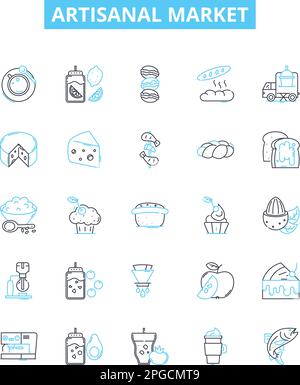 Symbole für handwerkliche Marktvektorlinien gesetzt. Handwerklich, marktwirtschaftlich, handwerklich, handgefertigt, Lokal, Bauern zeigen Symbole und Schilder an Stock Vektor