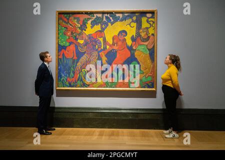 London, UK, 22. März 2023. André Derain, The Dance / La Danse 1906, Öl auf Leinwand . Vorschau auf After Impressionism, Erfindung moderner Kunst, große neue Ausstellung von etwa hundert Gemälden und Skulpturen von Künstlern wie Cezanne, Van Gogh, Rodin, Picasso, Matisse, Klimt, Käthe Kollwitz, Sonia Delaunay, Kandinsky und Mondrian und umfasst einige der wichtigsten Kunstwerke, die zwischen 1886 und um 1914 geschaffen wurden. Kredit: amer Ghazzal/Alamy Live News Stockfoto