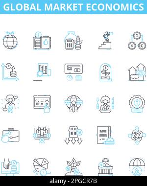 Symbolsatz für Vektorlinien der globalen Marktwirtschaft. Global, Markt, Wirtschaft, International, Handel, Investition, Übersicht über Finanzdarstellung Stock Vektor