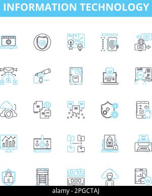 Symbole für Vektorlinien der Informationstechnologie festgelegt. IT, Computer, Software, Netzwerke, Daten, Sicherheit, Automation Illustration umreißt Konzeptsymbole und Stock Vektor