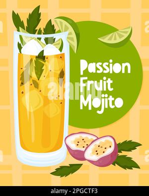 Passionsfrucht Mojito tropischer kubanischer Cocktail. Vertikales farbiges Poster mit Mojitos Sommercocktail mit Eiswürfeln, Minze und Limette. Vektordarstellung La Stock Vektor