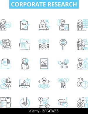 Symbole für Unternehmensforschungsvektorlinien festgelegt. Unternehmen, Forschung, Analyse, Geschäft, Markt, Strategie, Datendarstellung umreißen Konzeptsymbole und Stock Vektor
