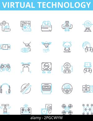 Vektorliniensymbole für virtuelle Technologie festgelegt. Virtuell, Technologie, Cloud, Automatisierung, Erweitert, Netzwerkbetrieb, Simulation Gliederungskonzept Stock Vektor