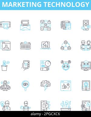 Symbole für Vektorlinien für Marketingtechnologie festgelegt. Marketing, Technologie, Digital, Plattformen, Analysen, Automatisierung, eCommerce-Illustration, Konzept Stock Vektor