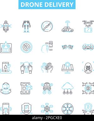 Drohnen-Vektorlinien-Symbole gesetzt. Drohne, Lieferung, Luftfahrt, Autonom, Versand, Darstellung von Service und Logistik zeigt Konzeptsymbole und -Schilder Stock Vektor