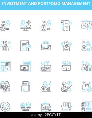 Symbolsatz für Vektorlinien für Investitions- und Portfoliomanagement. Investitionen, Portfolio, Management, Vermögenswerte, Eigenkapital, Festverzinsliche Wertpapiere, alternative Darstellung Stock Vektor