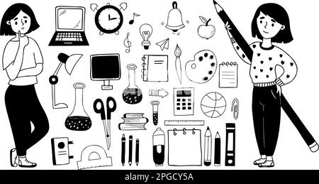Große Sammlung von Vektorkritzeleien in der Schule. Süßes Mädchen mit Bleistift und nachdenklicher Schülerin, Briefpapier, Schulsachen, pädagogischen Dingen und Hobby Stock Vektor