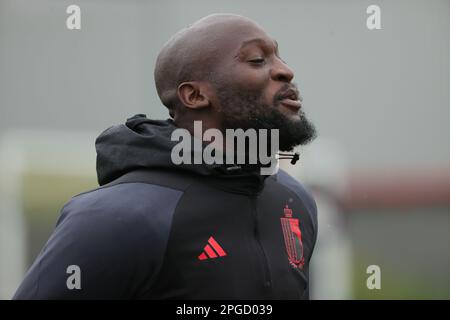 Tubize, Belgien. 22. März 2023. Der belgische Romelu Lukaku wurde am Mittwoch, den 22. März 2023, während eines Trainings der belgischen Fußballnationalmannschaft Red Devils in der Hauptniederlassung der Royal Belgischen Fußballvereinigung RBFA in Tubize fotografiert. Die Red Devils bereiten sich auf die bevorstehenden Spiele gegen Schweden und Deutschland vor. BELGA PHOTO VIRGINIE LEFOUR Kredit: Belga News Agency/Alamy Live News Stockfoto