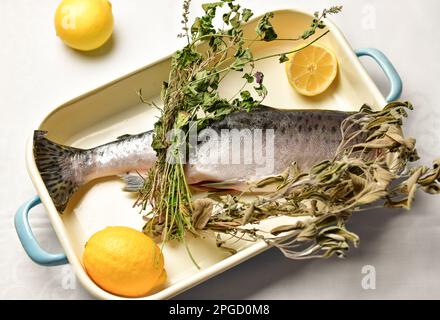 Zubereitung von Fisch mit Meeresfrüchten zum Kochen. <trout fish with dry herbs and fresh lemon. Stockfoto