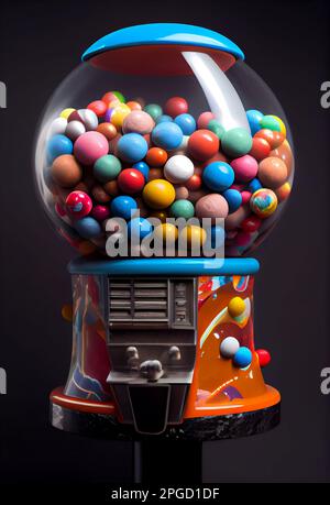 Gumball-Maschine. Transparenter, runder Glasspender mit bunten Kaugummi. Stockfoto