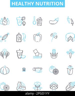 Symbole für gesunde Ernährungsvektorlinien gesetzt. Ernährung, Gesund, Ernährung, Ausgewogen, Gemüse, Früchte, Körner Darstellung umreißt Konzeptsymbole und -Zeichen Stock Vektor