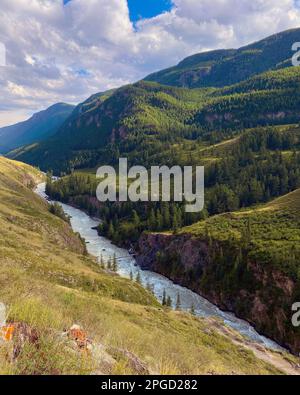 Der schmale Fluss Chuya in den Canyons inmitten der Berge fließt mit einer kleinen Brücke nach Altai. Stockfoto