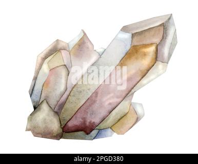 Aquarell-Quarz-Kristall zur Heilung, Stein-Mineral-Edelstein, handgezeichnete Illustration isoliert auf weißem Hintergrund. Stockfoto