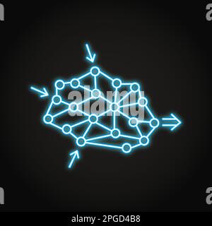 Neonsymbol des neuronalen Netzes in Linienform. Maschinelles Lernen, digitaler Untersuchungsprozess von Computersystemen, künstliche Intelligenz. Vektordarstellung. Stock Vektor