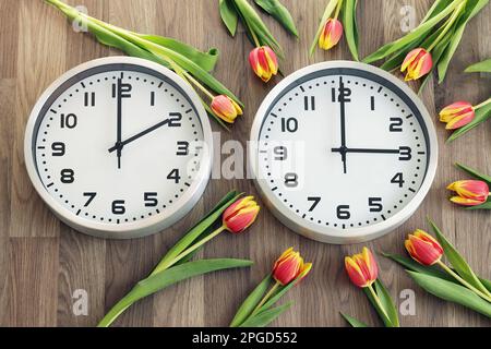 Zwei Uhren, eine auf zwei Uhr, die andere auf drei Uhr. Tulpen um die zweite. Symbol für Zeitänderung. Sommerzeit. Bewegung t Stockfoto