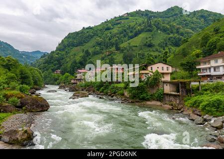 Blick auf das Camlihemsin Center mit Firtina Stream in Rize, Türkei. Wunderschöne Naturlandschaft. Stockfoto