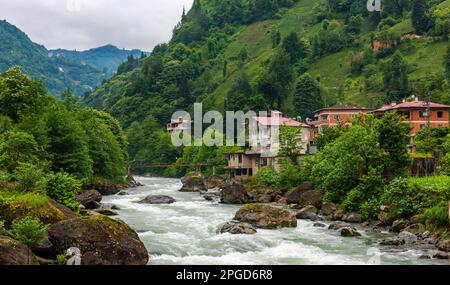 Blick auf das Camlihemsin Center mit Firtina Stream in Rize, Türkei. Wunderschöne Naturlandschaft. Stockfoto