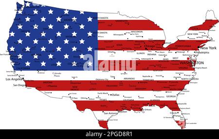 Die Vereinigten Staaten von Amerika sind eine sehr detaillierte politische Karte mit nationaler Flagge. Stock Vektor