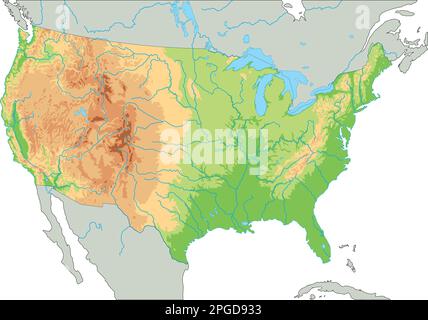 Detaillierte physische Karte der Vereinigten Staaten von Amerika. Stock Vektor