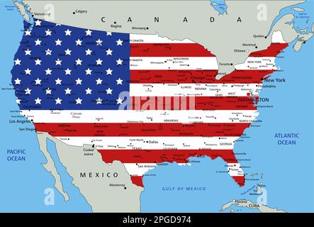 Die Vereinigten Staaten von Amerika sind eine sehr detaillierte politische Karte mit nationaler Flagge. Stock Vektor
