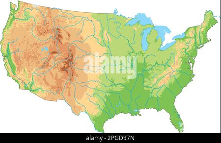 Detaillierte physische Karte der Vereinigten Staaten von Amerika. Stock Vektor