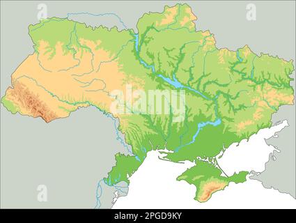 Detaillierte physische Karte der Ukraine. Stock Vektor