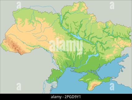 Detaillierte physische Karte der Ukraine. Stock Vektor