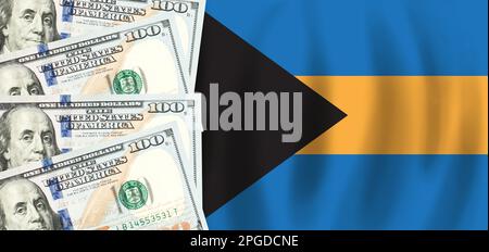 Dollar auf Flagge der Bahamas, Bahamas Finanzen, Subventionen, soziale Unterstützung, BIP-Konzept Stockfoto