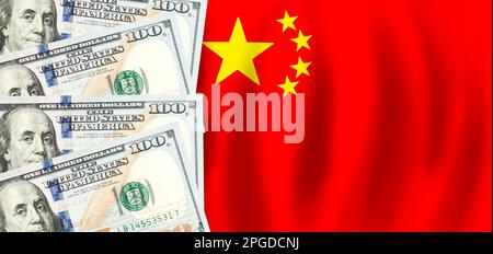 Dollar auf chinesische Flagge, chinesische Finanzen, Subventionen, soziale Unterstützung, BIP-Konzept Stockfoto