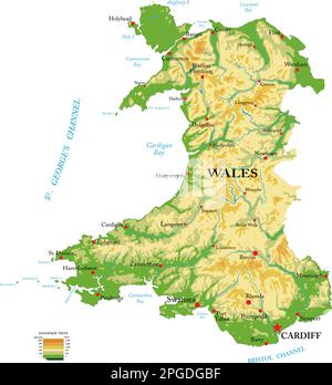 Sehr detaillierte physische Karte von Wales, im Vektorformat, mit allen Reliefformen, Regionen und Großstädten. Stock Vektor