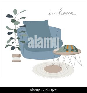 Hübsche Einrichtung mit blauem Sessel, Zimmerpflanzen, Couchtisch. Stock Vektor