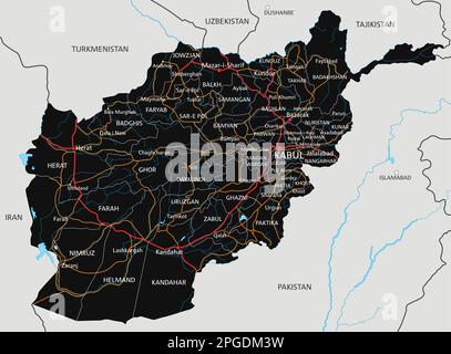 Hochdetaillierte Afghanistan-Roadmap mit Kennzeichnung. Stock Vektor