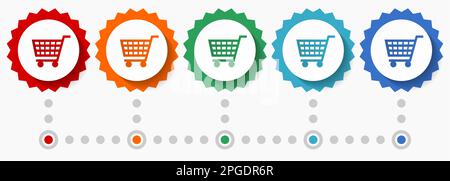 Warenkorb, Shop, Trolley-Vektorsymbol-Set, farbenfrohe Infografik-Vorlage, Satz flacher Badge-Symbole in 5 Farboptionen Stock Vektor