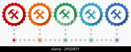 Werkzeuge, Service-Vektor-Symbolsatz, farbenfrohe Infografik-Vorlage, Satz flacher Badge-Symbole in 5 Farboptionen Stock Vektor